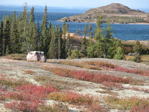 Northeast corner of Kameshtashtan, view to southeast overlooking the island situated in the middle of the outlet bay of the lake. Photo courtesy Stephen Loring.