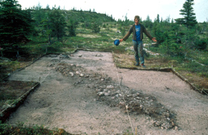 Archaeology student, Jeremy Koff, beside a long linear central hearth from an ancestral Innu shaputuan discovered by Stephen Loring at Mishti-Shantiss (dating to 200-500 AD). Photo courtesy Stephen Loring.