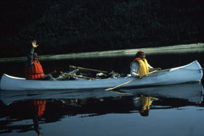 Tuminik and Pinamen Pokue paddling down Mishta-shipu. Photo Annette Lutterman, courtesy Innu Nation.