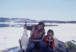 Marian (Nuke) Montague shows her goose at Ashtunekamiku. Photo courtesy Janet Kergoat.