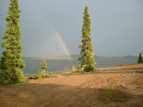 A beautiful rainbow hangs over Natuashish. Photo courtesy Manishan Edmunds.