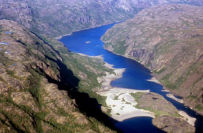 View of Natshisheku taken from a plane flying over the extreme south and west end of the lake. View is to the NNE. Photo courtesy Stephen Loring.