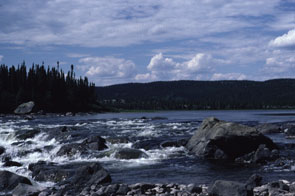 View of the rapids taken on Mishikamau-shipu between the outlet of Atshiku-nipi and Utshashku-nipi. Photo courtesy Moira McCaffrey.