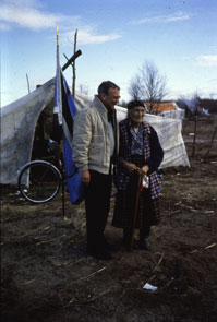 Bishop Peter Sutton and An-Pinamen Ashini at a gathering at Uhuniau. Photo courtesy Innu Nation.